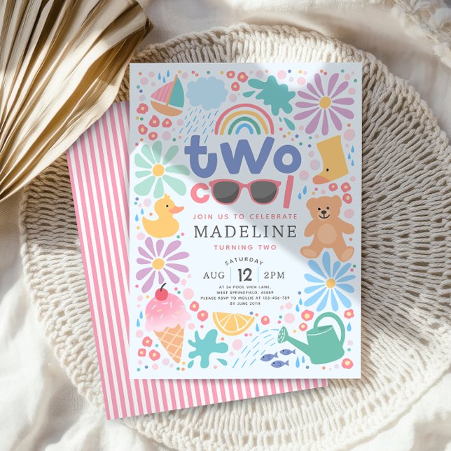 Girls Pink Two Cool Summer Splash Second Birthday Inbjudningar (Skapare uppladdad)