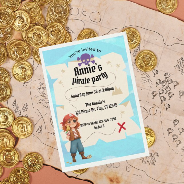 Girls Pirate Map Birthday Party Invitation Inbjudningar (Skapare uppladdad)