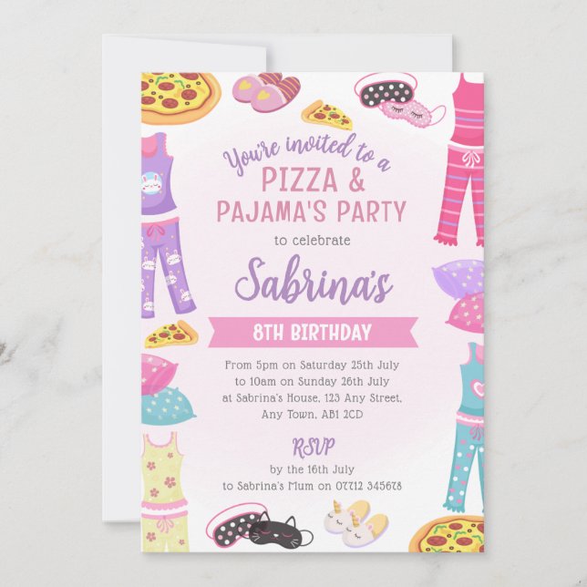 Girls Pizza & Pajama Party Invite - Sleepover Fun Inbjudningar (Framsida)
