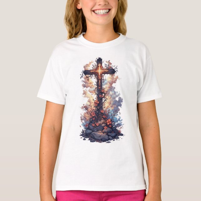 Girl's Pretty Floral Christian Cross Tee Shirt (Framsida)
