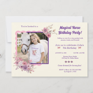 Girls Pretty Ponies Pastel Floral Horse Invitation Inbjudningar