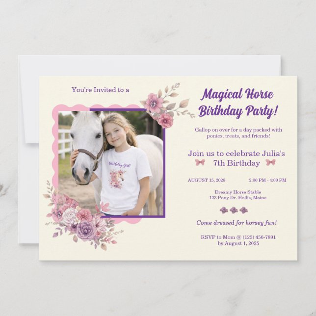Girls Pretty Ponies Pastel Floral Horse Invitation Inbjudningar (Framsida)