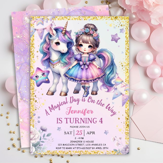 Girls Princess Unicorn 4e födelsedagen Lila Guld Inbjudningar (Skapare uppladdad)