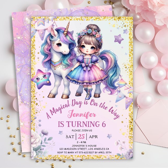 Girls Princess Unicorn 6e Birthday Lila Guld Inbjudningar (Skapare uppladdad)
