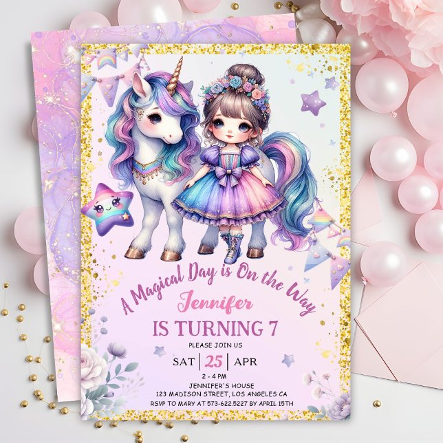 Girls Princess Unicorn 7:e Birthday Lila Guld Inbjudningar (Skapare uppladdad)