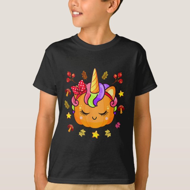 Girls Pumpkin Cute Unicorn Pumpkin Fall Autumn Ki T Shirt (Framsida)
