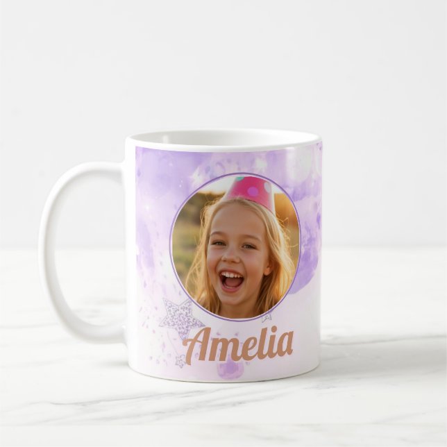 Girls Purple Bubbles Photo Name Birthday Kaffemugg (Vänster)
