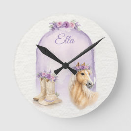 Girls Purple Floral Horse Rund Klocka