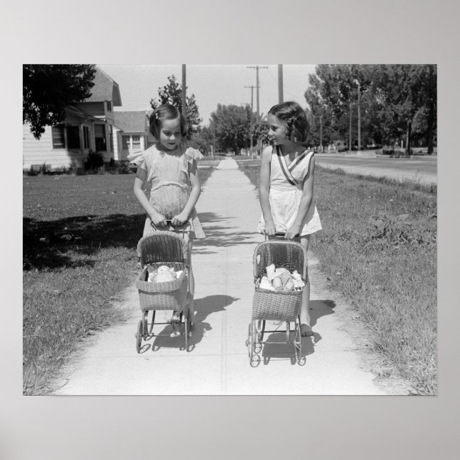 Girls Pushing Baby Buggies, 1941. Vintage Photo Poster (Framsidan)