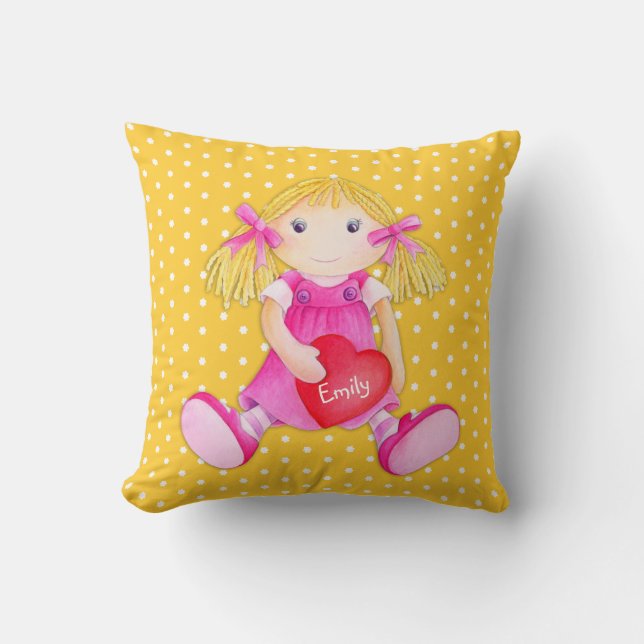 Girls rag doll gult namn-blommans polkudde kudde (Framsida)