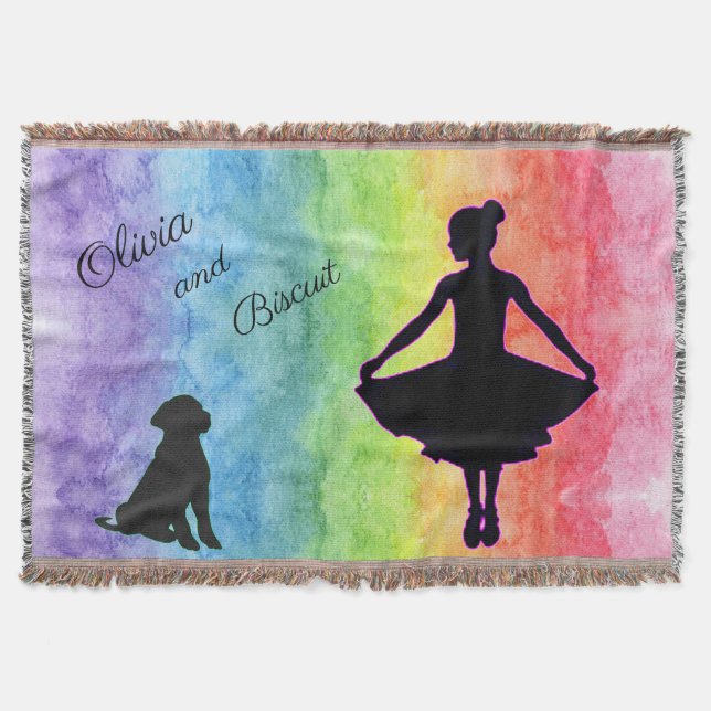 Girls Rainbow Watercolor Dancer och Hund Filt (Framsidan)