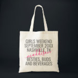 Girls Resa Helg Vacation Namn Tygkasse<br><div class="desc">Personlig Girls Helg Resa Anpassningsbar Canvas Tote Bag med redigerbar grått och klartext för rosa,  målplats,  namn och roligt citat som "besties,  buds och Dragis" är en användbar keepsaké för din resepaket eller dina brudar.</div>