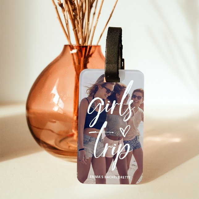 Girls Resa | Trendig-skript med foto- och QR-kod Bagagebricka (A trendy luggage tag for your girls trip, with your favorite photo and a scannable QR code on back)