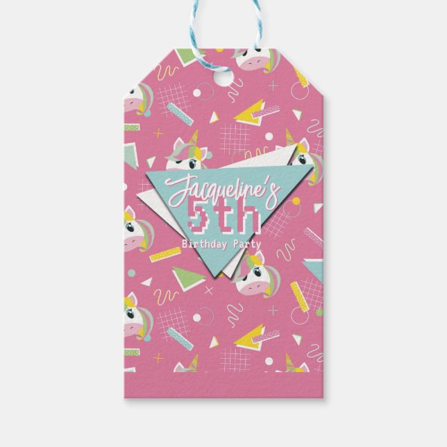 Girls Retro Pink Unicorn Birthday Presentetikett (Framsidan)