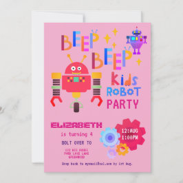 Girls ROBOT PARTY Rosa Birthday Tecknad Cute Inbjudningar