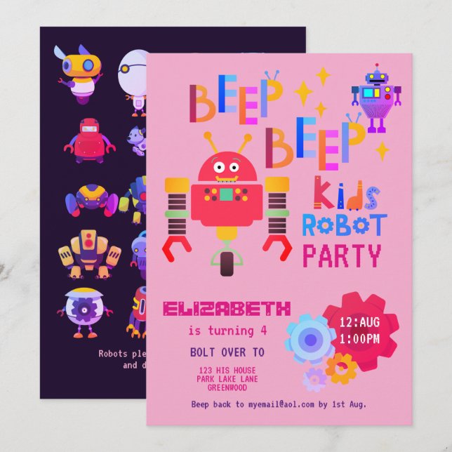Girls ROBOT PARTY Rosa Birthday Tecknad Cute Inbjudningar (Fram/baksida)