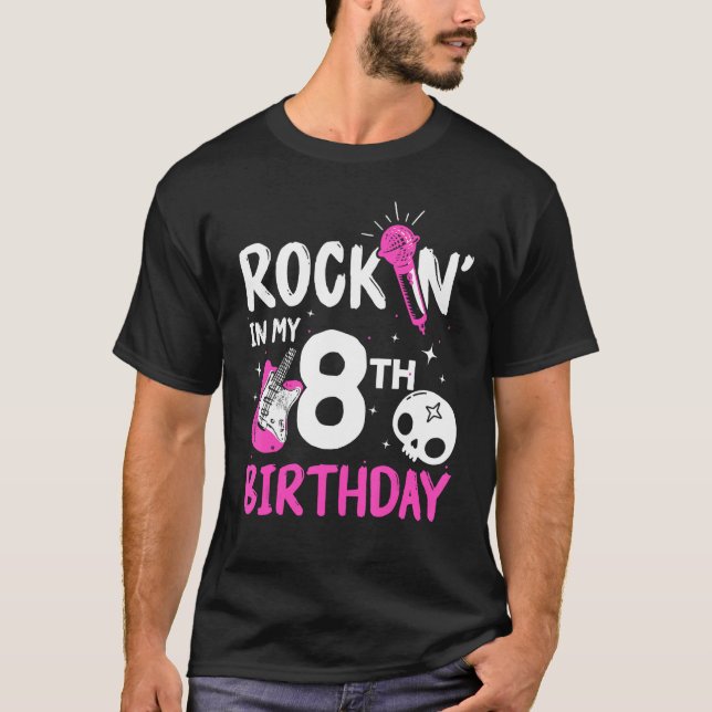 Girls Rockstar Birthday Rockstjärna Thmet Guitar 8 T Shirt (Framsida)