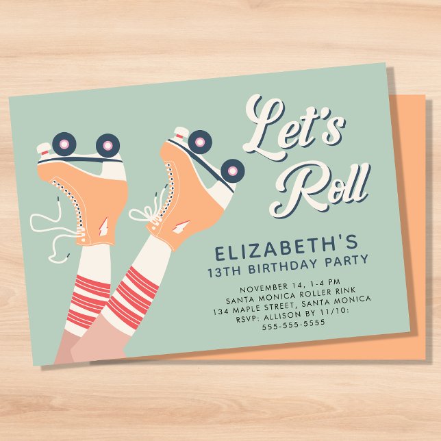 Girls Roller Skating Födelsedagsfest Inbjudningar (A roller skating birthday party invitation with a retro vibe)