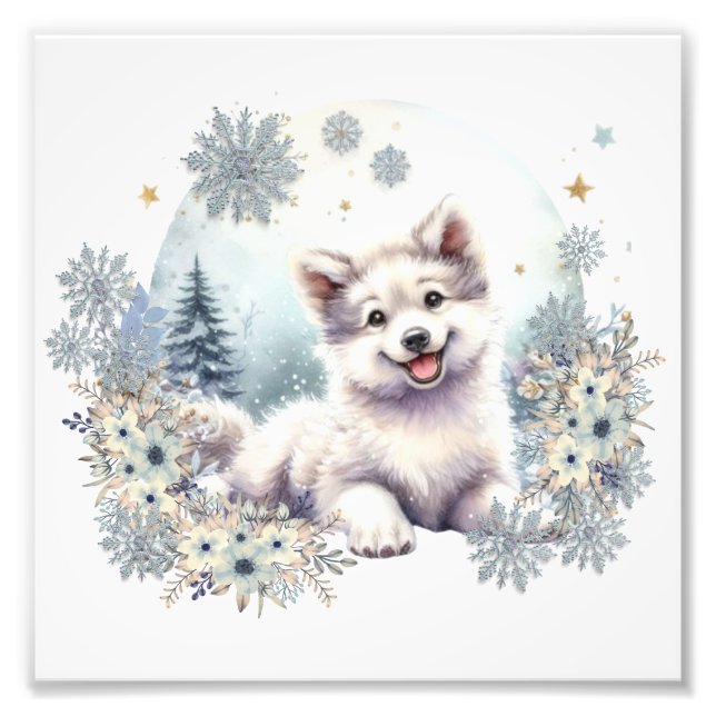 Girls Room Nursery Cute Hund Varg Blue Winter Tema Fototryck (Framsidan)