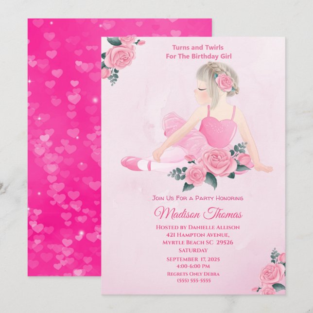 Girls Rosa Ballerina Gnistra Hearts Födelsedagsfes Inbjudningar (Fram/baksida)