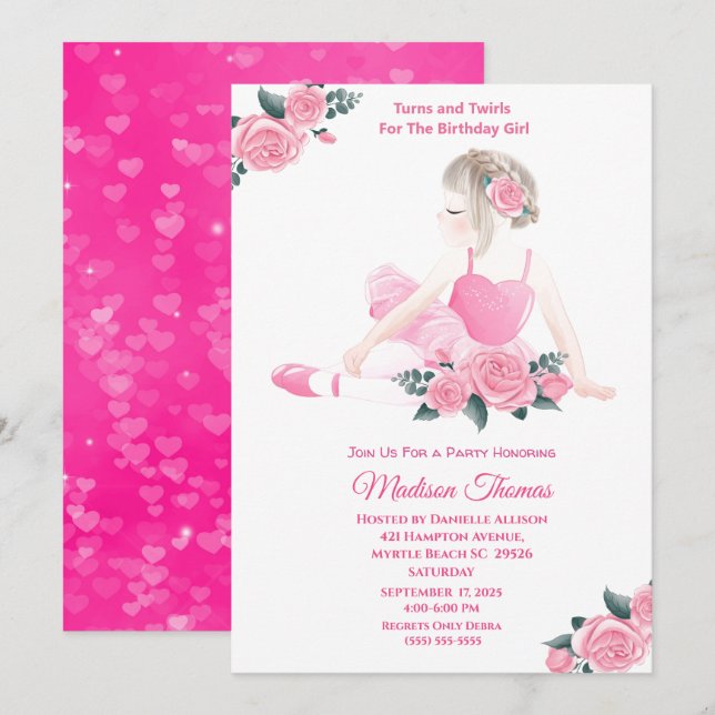 Girls Rosa Ballerina Gnistra Hearts Födelsedagsfes Inbjudningar (Fram/baksida)