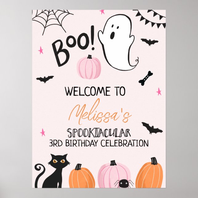 Girls Rosa Boo Halloween Birthday Välkomstskylt Poster (Framsidan)