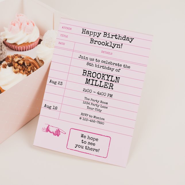 Girls Rosa Bookish Bok Klubb Bibliotek-kort Inbjudningar (Library Card Girls Birthday Invitation)