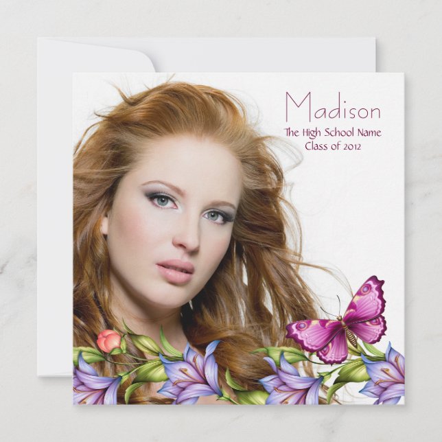 Girls Rosa Butterfly Wildblommor Photo Studenten Inbjudningar (Framsida)