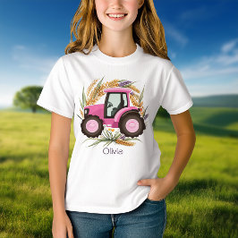 Girls Rosa Farm Tractor Personlig Girly T Shirt
