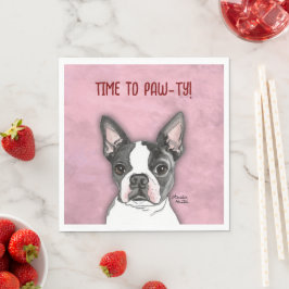 Girls Rosa Födelsedagsfest Napkins Boston Terrier Pappersservett