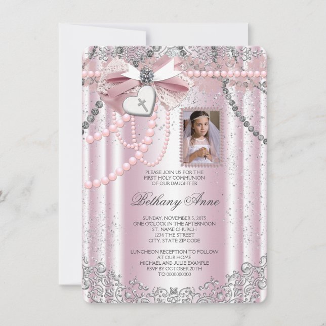 Girls Rosa Kor Photo First Communion Inbjudningar (Framsida)