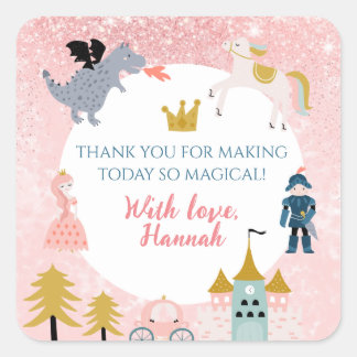 Girls Rosa Magic Princess Birthday Tack Fyrkantigt Klistermärke