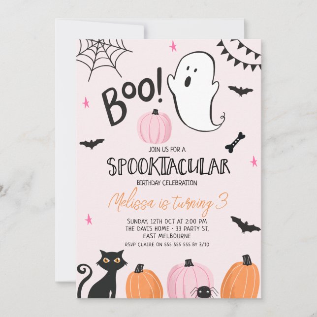 Girls Rosa Orange Black Boo Halloween Birthday Inbjudningar (Framsida)