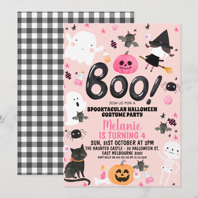 Girls Rosa Orange Black Boo Halloween Birthday Inbjudningar (Fram/baksida)