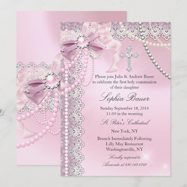 Girls Rosa Pearl Bow Kor Heliga Communion Inbjudningar (Fram/baksida)