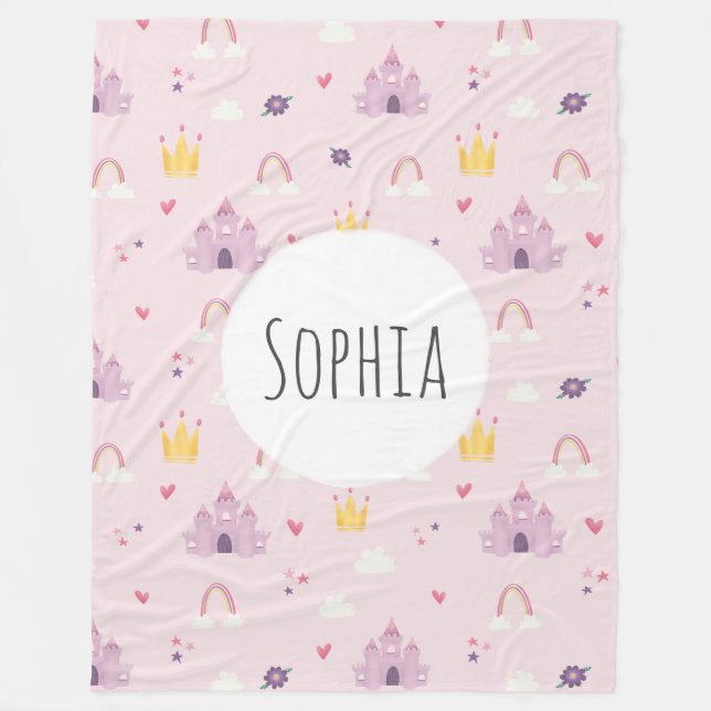 Girls Rosa Princess Castle, Rainbow, Krona Mönster Fleecefilt (Framsidan)
