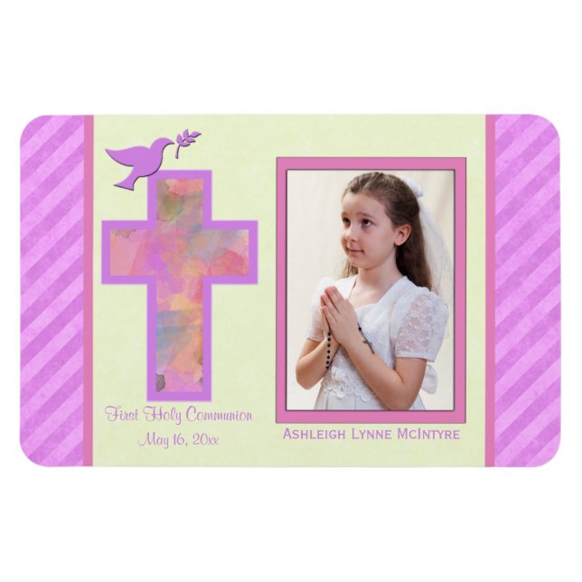 Girls Rosa Stripe 1:a Heligan Communion Photo Magn Magnet (Horisontell)