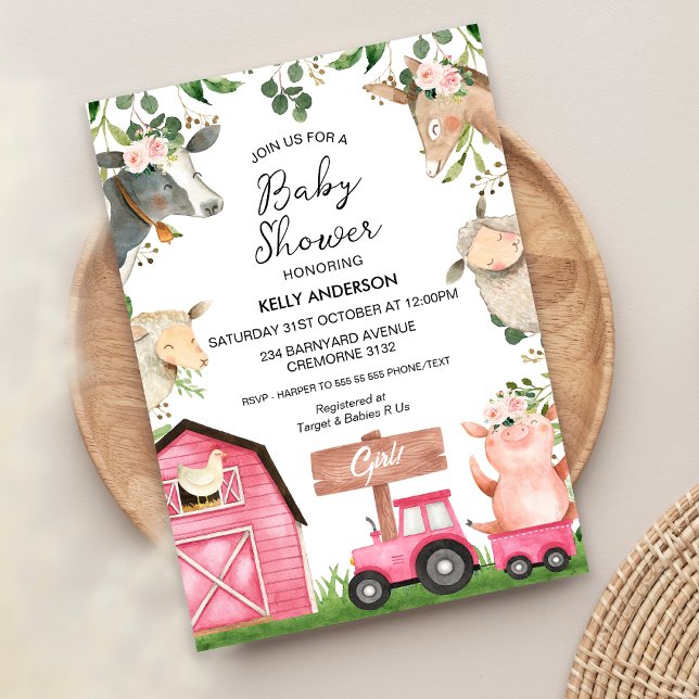 Girls Rosa Tractor Barn Farm Baby Shower Inbjudningar (Girls Farm Baby Shower Invitation Farmyard Barnyard Farm Animals Girls Baby Shower Invite Floral)