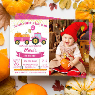 Girls Rosa Tractor Pumpkin Fall Birthday Photo Inbjudningar