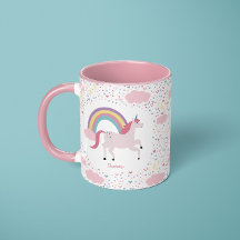 Girls Rosa Unicorn Rainbow Gnistra med Namn Mugg