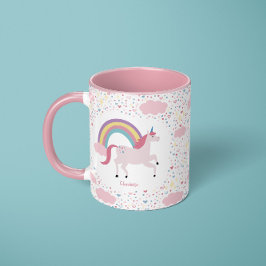 Girls Rosa Unicorn Rainbow Gnistra med Namn Mugg