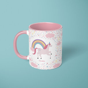 Girls Rosa Unicorn Rainbow Gnistra med Namn Mugg
