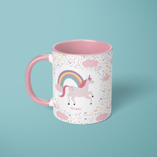 Girls Rosa Unicorn Rainbow Gnistra med Namn Mugg