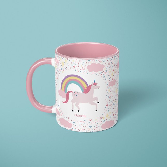 Girls Rosa Unicorn Rainbow Gnistra med Namn Mugg (Skapare uppladdad)