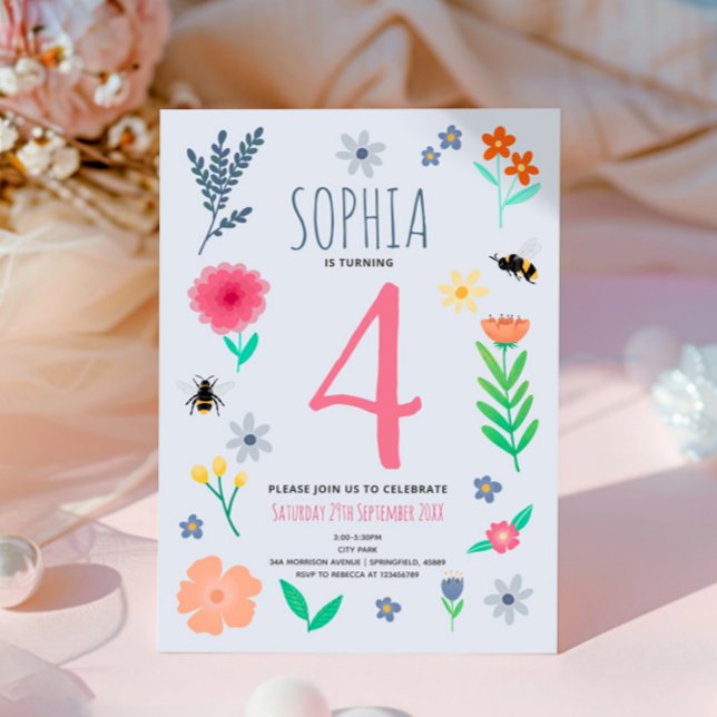 Girls Rosa Vår Blommigt Bee Barns födelsedag Inbjudningar (Skapare uppladdad)