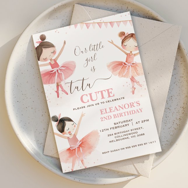 Girls Rosa White Tutu Ballerina 2:a födelsedagen Inbjudningar (Tutu Cute 2nd Birthday Invitation Template Ballerina Birthday Invitation Ballet Second Birthday
)