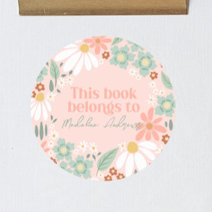 Girls Rosa Wildblomme Daisy School Bookplate Runt Klistermärke