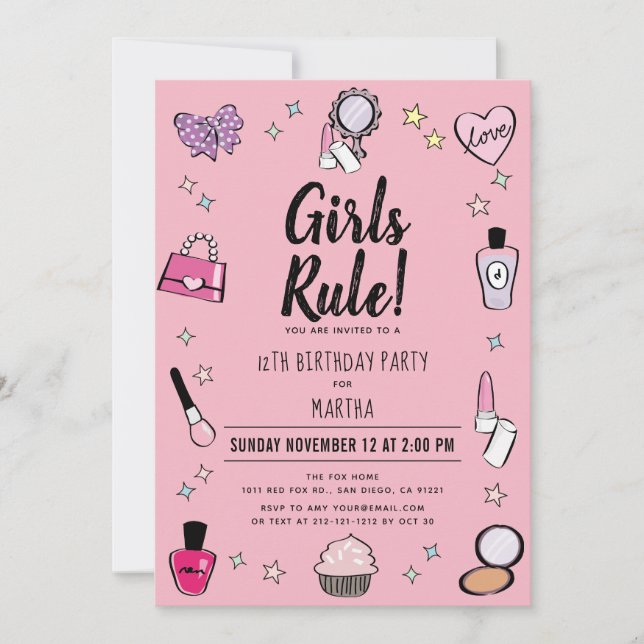 Girls Rule Makeup Spa Slumber Rosa Birthday Inbjudningar (Framsida)