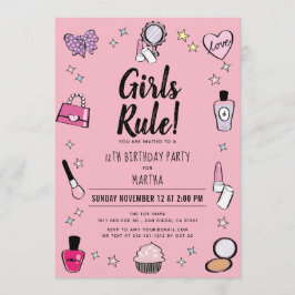 Girls Rule Makeup Spa Slumber Rosa Birthday Inbjudningar