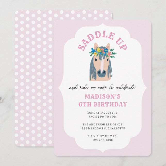 Girls Saddle Up Pink Pony Horse Birthday Inbjudningar (Fram/baksida)